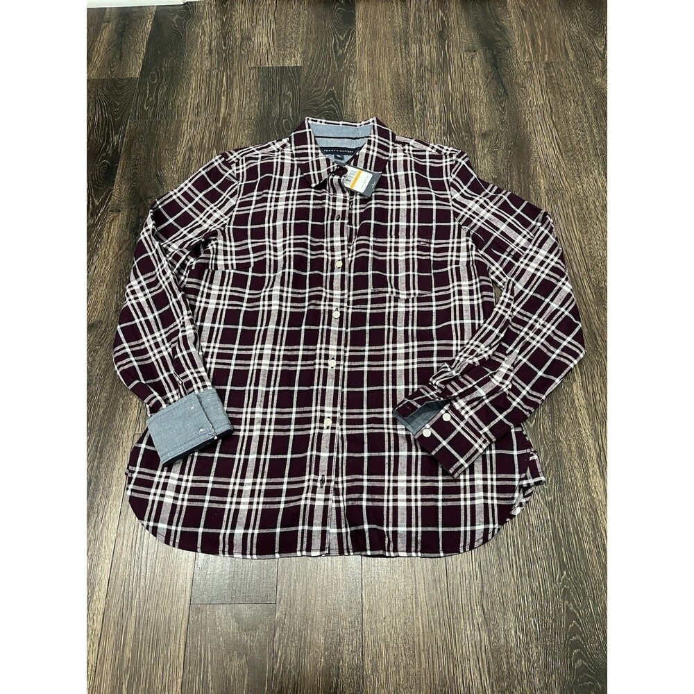 Tommy Hilfiger Women's Burgundy White Plain Button Down Shirt Size S NWT MSRP$69